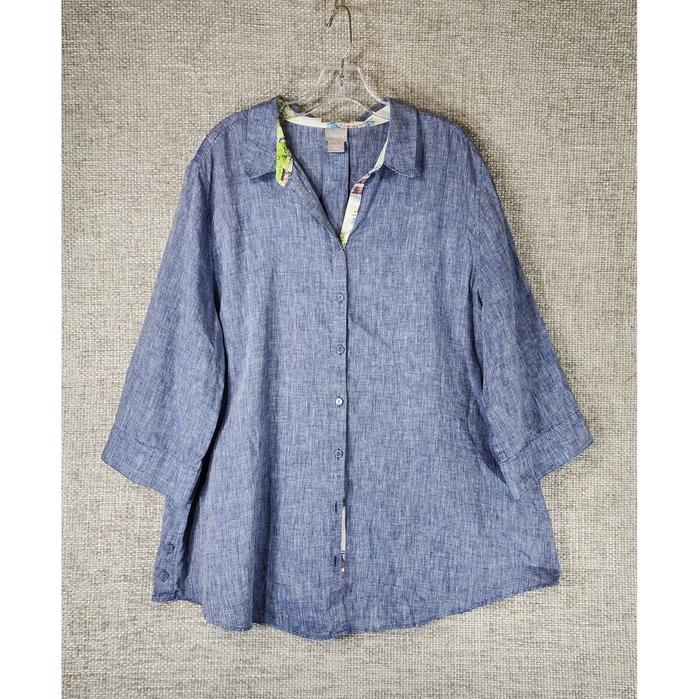 Chico's Blue Linen-Blend Button Front Tunic